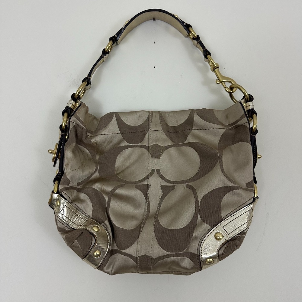 Vintage Coach Hobo Bag Womens Beige Signature C Canvas Leather Trim Shoulder Bag